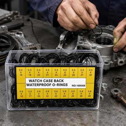 Clear organizer box of black rubber watch case back O-rings, assorted sizes for repair