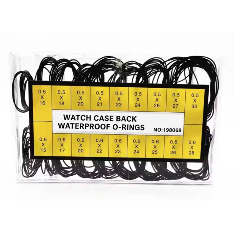 Clear plastic box filled with black rubber O-rings for watch case back sealing