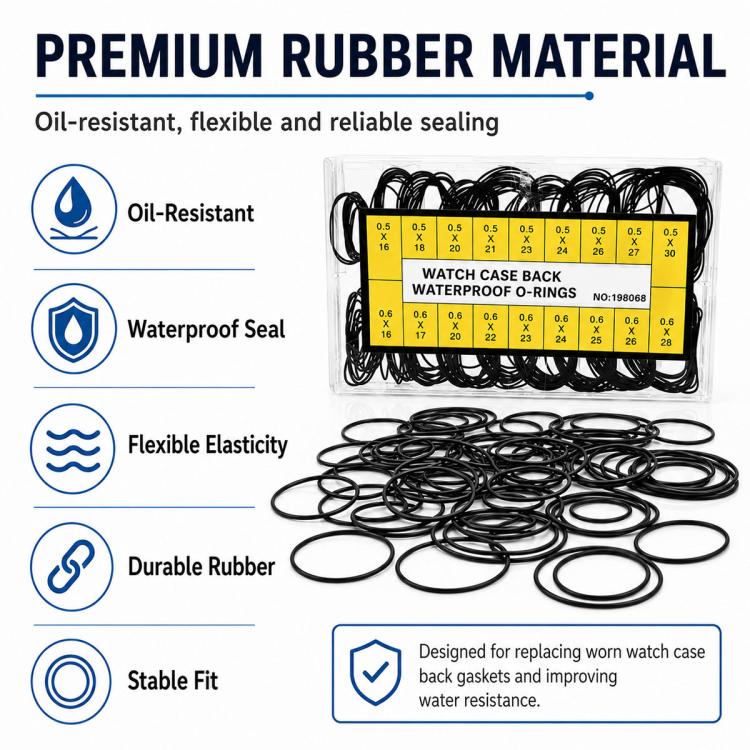 Assorted black rubber watch case back O-rings arranged in a clear storage box