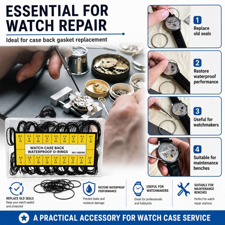 Waterproof O-ring kit in a clear case with black rubber sealing rings
