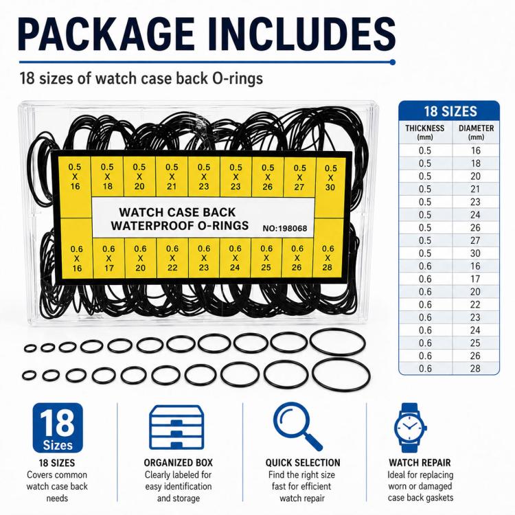 Package includes black rubber watch O-rings in 18 sizes with clear organizer box