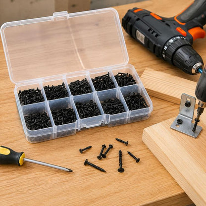 Black M2 self-tapping screws in clear organizer case with a few loose screws and tools