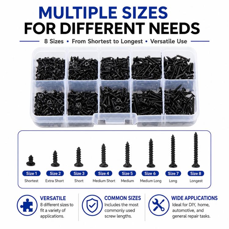Assorted black M2 Phillips self-tapping screws in clear compartment organizer box