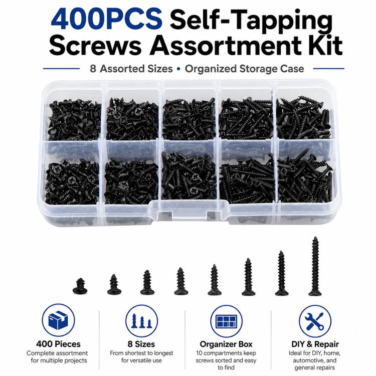 Black self-tapping screws in clear organizer case with loose screws laid out below