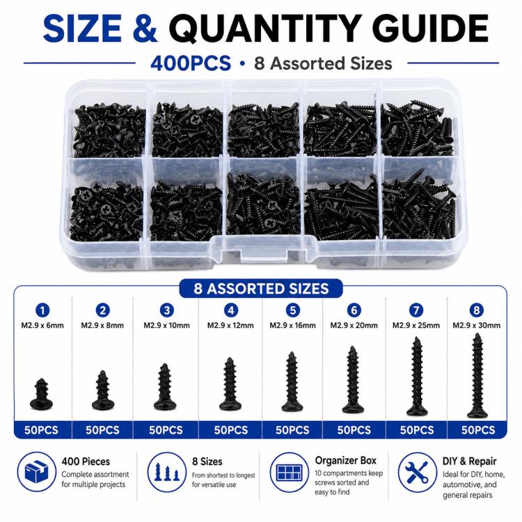 Black self-tapping screws in clear organizer case with several screws shown below