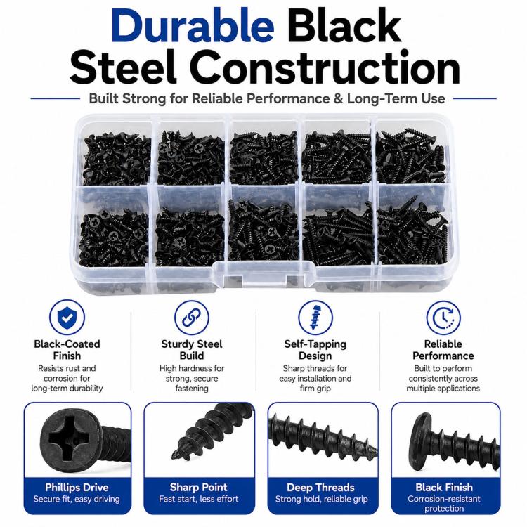 Black self-tapping screws in clear organizer case with multiple screw close-up views