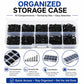 Black self-tapping screws in clear organized storage case with compartment dividers