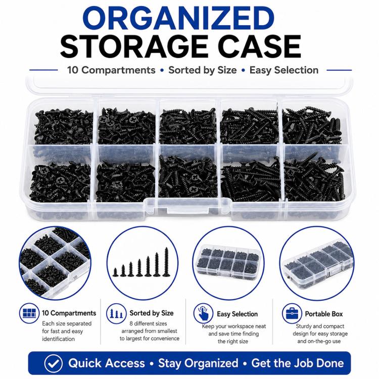 Black self-tapping screws in clear organized storage case with compartment dividers