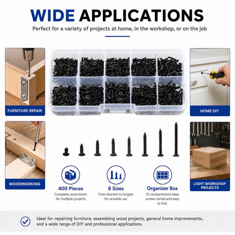 Black self-tapping screw assortment with clear organizer case and loose screws