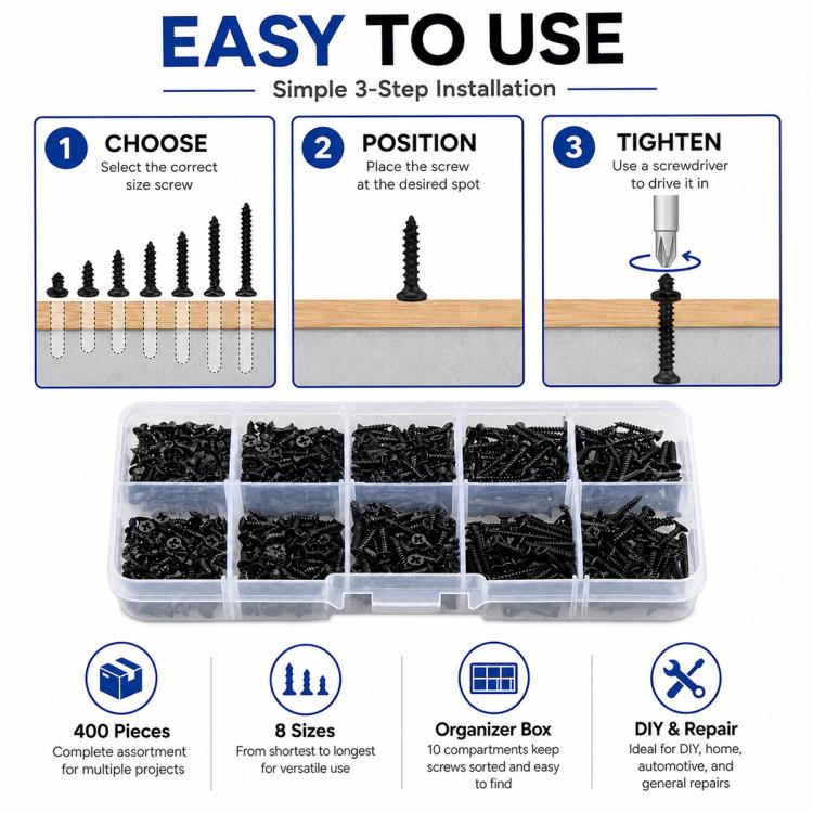 Black self-tapping screws in clear organizer case with installation steps graphic