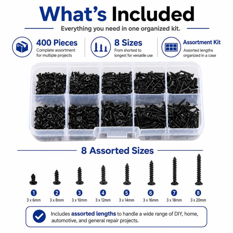 Black self-tapping screw assortment in clear organizer case with screws laid out below