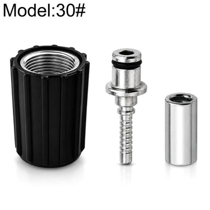 High-pressure hose connector with black outer sleeve and silver metal fitting