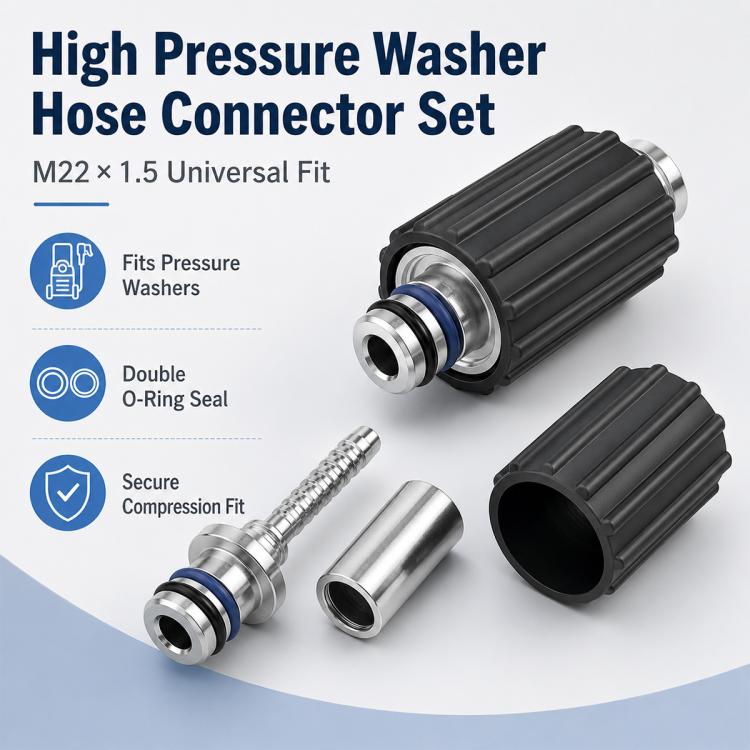 High-pressure washer hose connector set with black sleeves and silver metal fittings
