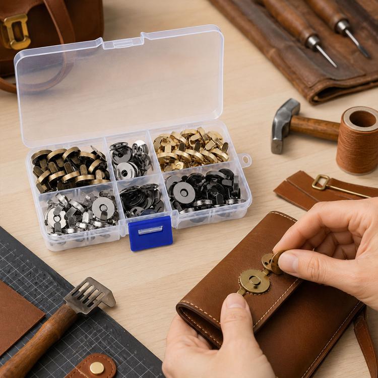 Magnetic snap fasteners set with assorted gold and silver hardware in plastic organizer