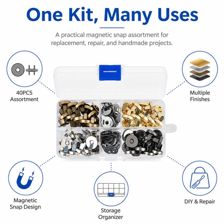 40-piece magnetic metal snap set in clear organizer case with mixed snap parts