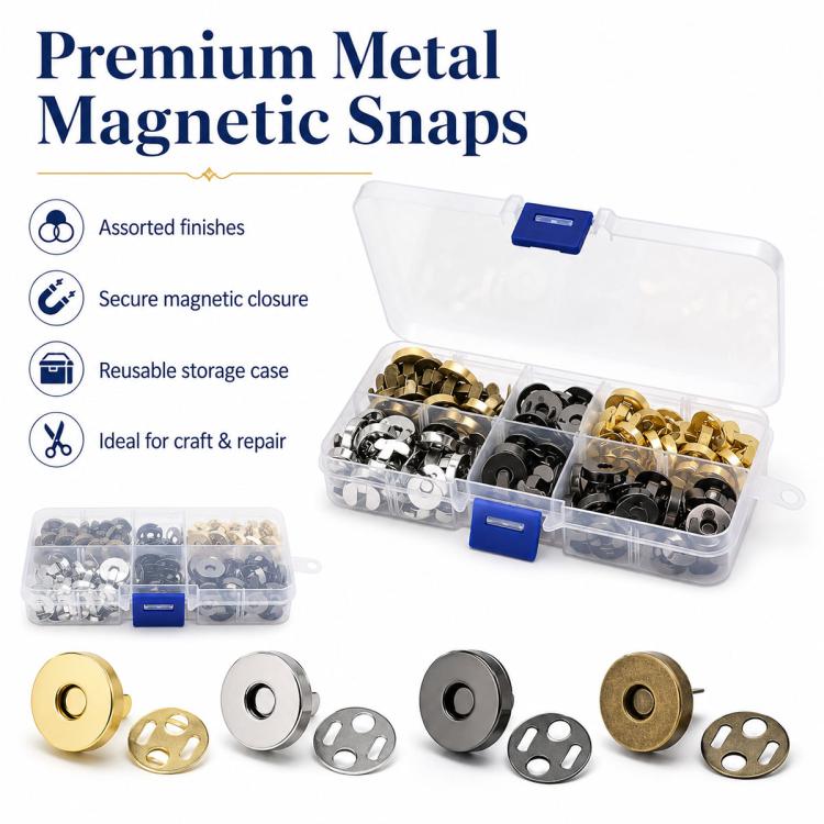 Magnetic metal snaps assortment with gold, silver, and black snap components