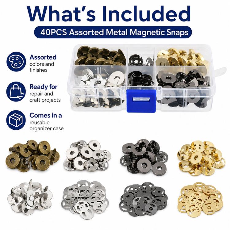 Plastic case of assorted metal magnetic snaps, featuring gold, silver, and black snap parts