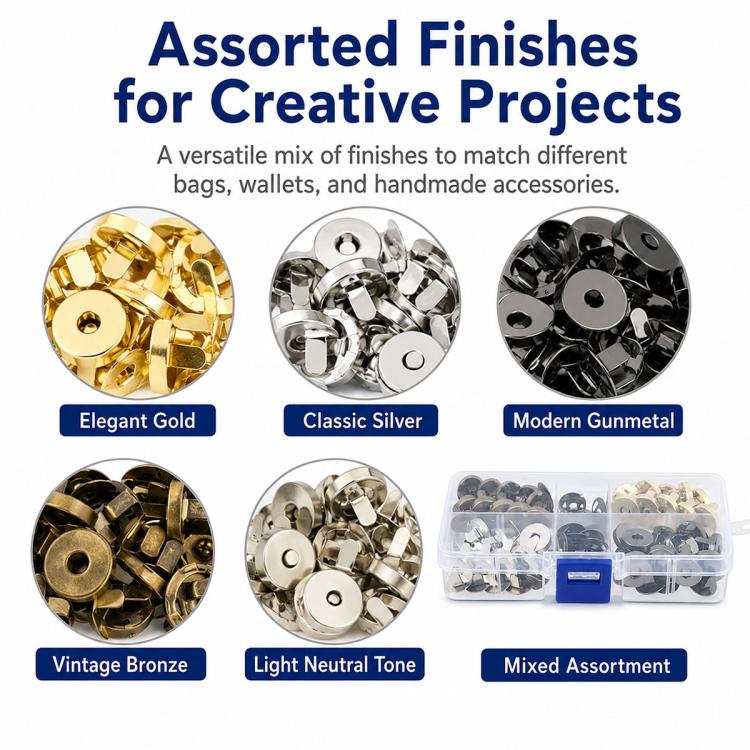 Assorted metal magnetic snaps with gold, silver, bronze, and mixed finish options