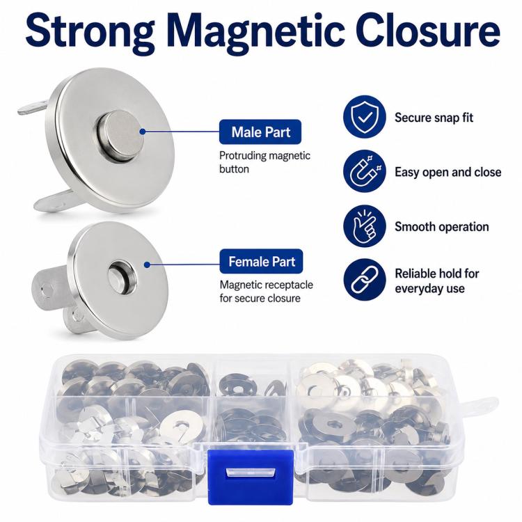 Metal magnetic snap closure kit with male and female parts shown in organizer box