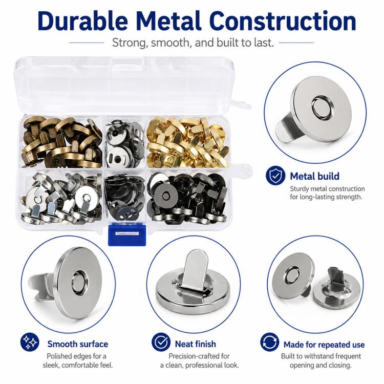 Metal magnetic snaps set showing smooth metal button faces and base mounting parts