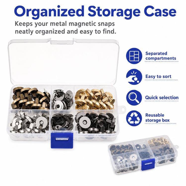 Organized storage case for metal magnetic snaps with separated compartments and mixed finishes