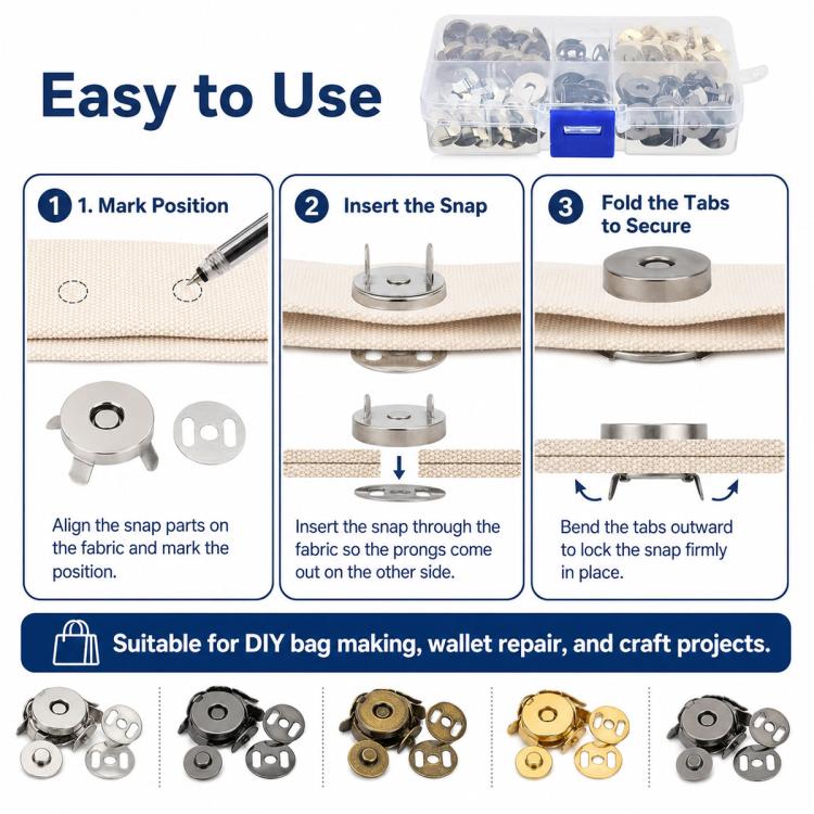 Metal magnetic snaps with step-by-step use concept, plus assortments in small organizer