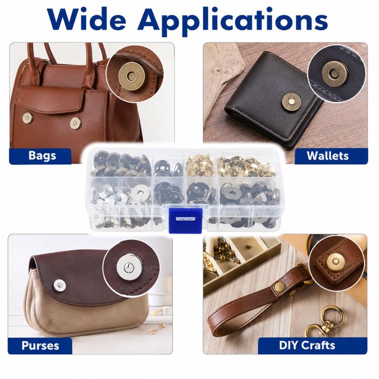 Metal magnetic snap set for bags and wallets shown with organizer case and snap hardware