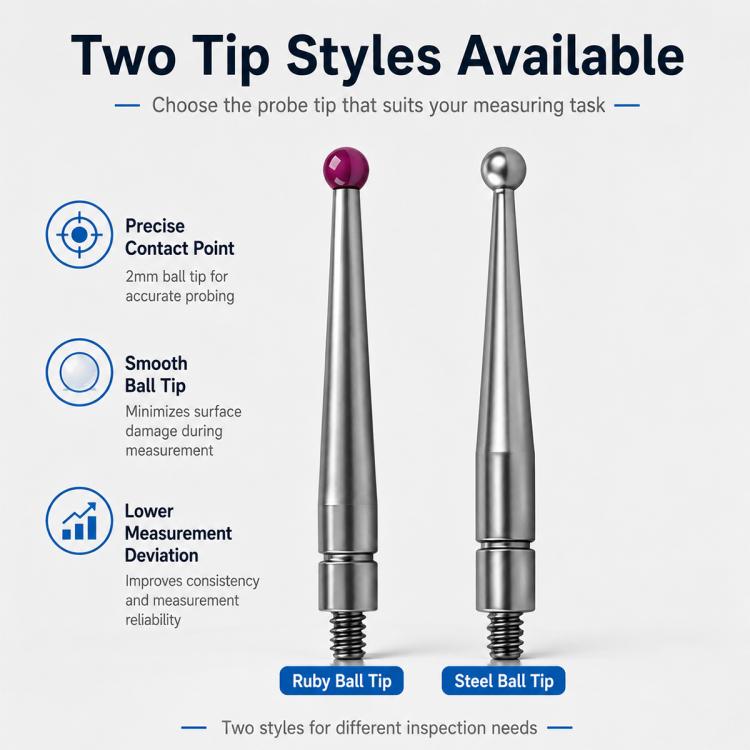 Two ball tip probes: purple ruby tip and silver steel tip, both with threaded ends