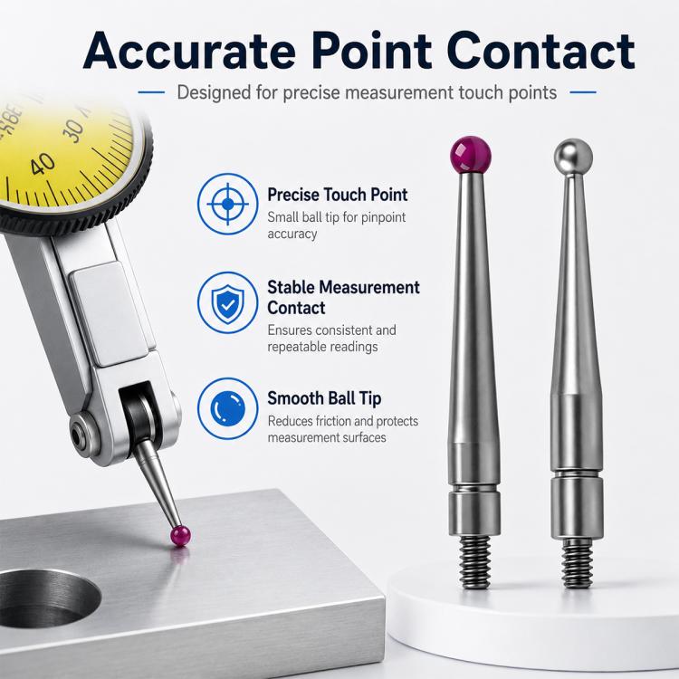 Ball contact probe tips—purple ruby and silver steel—showing smooth tapered bodies
