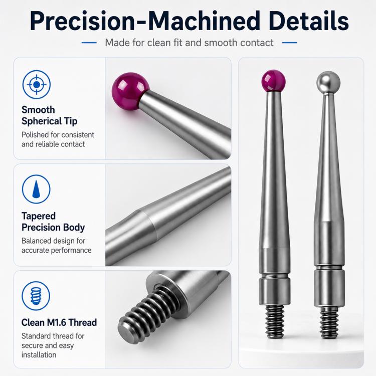 Machined ball tip probes with smooth spherical tips and clean M6 threaded bodies