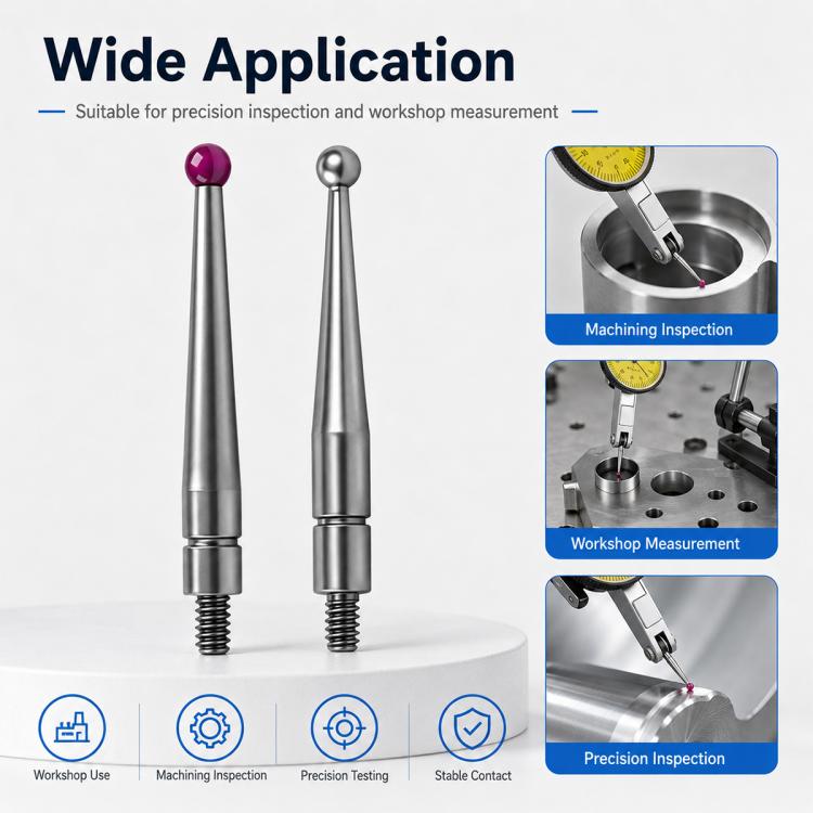 Pair of ball tip probes for inspection use: purple ruby tip and silver steel tip