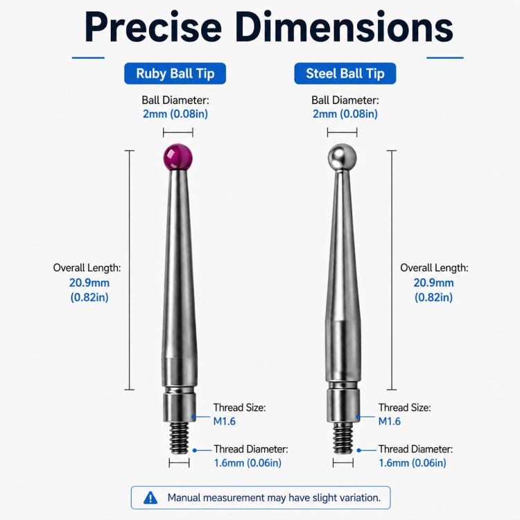 Dimensions diagram for ruby and steel ball tip threaded probes with overall length and thread size