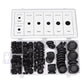 Black rubber grommet seal rings arranged in divided organizer tray