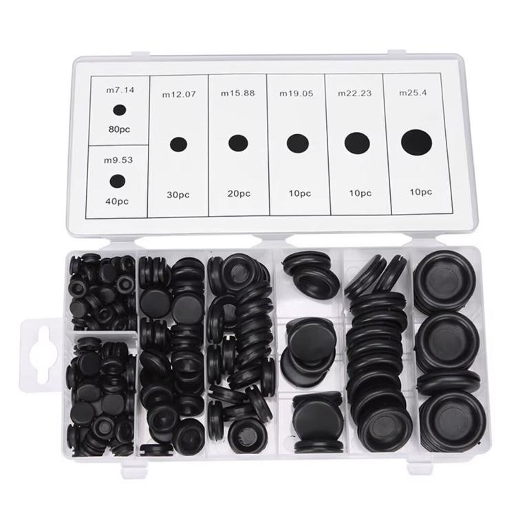 Black rubber grommet seal rings arranged in divided organizer tray