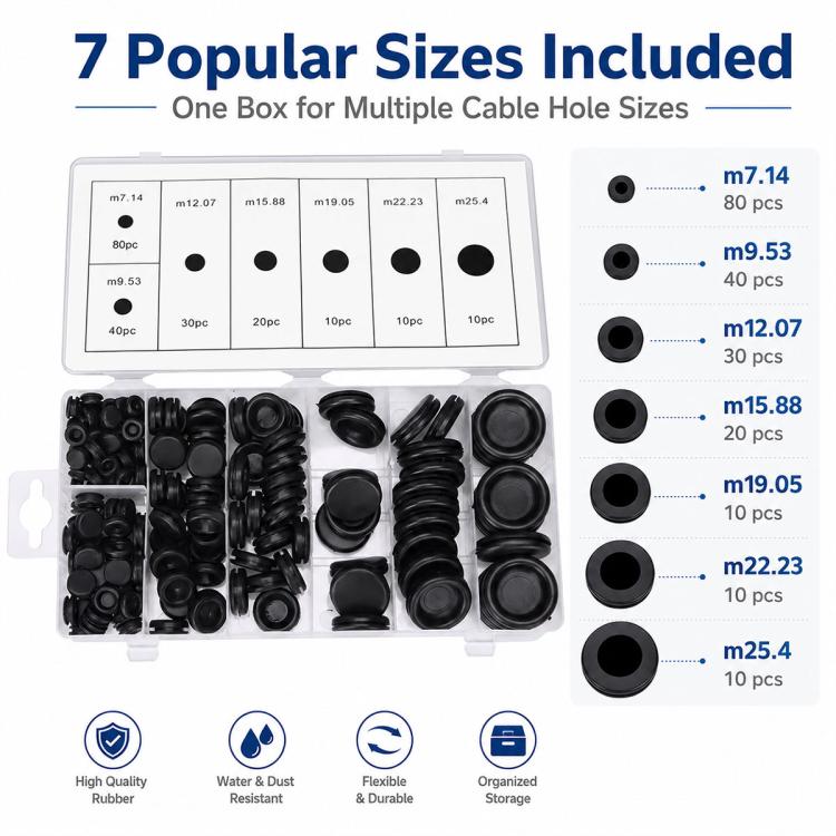Rubber grommet assortment kit showing black grommets in organizer box
