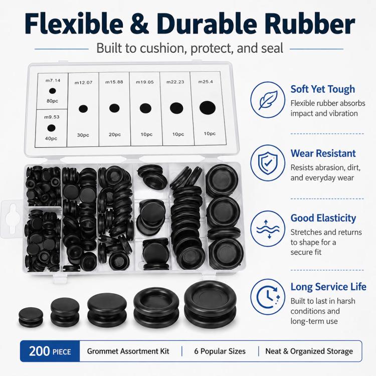 Black rubber grommet assortment in organizer box with multiple sizes