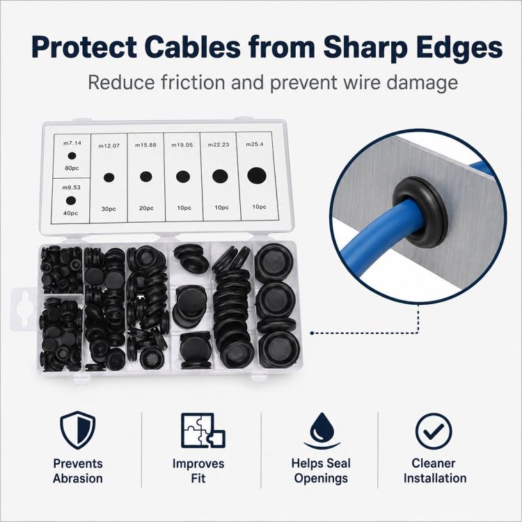 Rubber grommet kit in open box with black grommets for cable holes