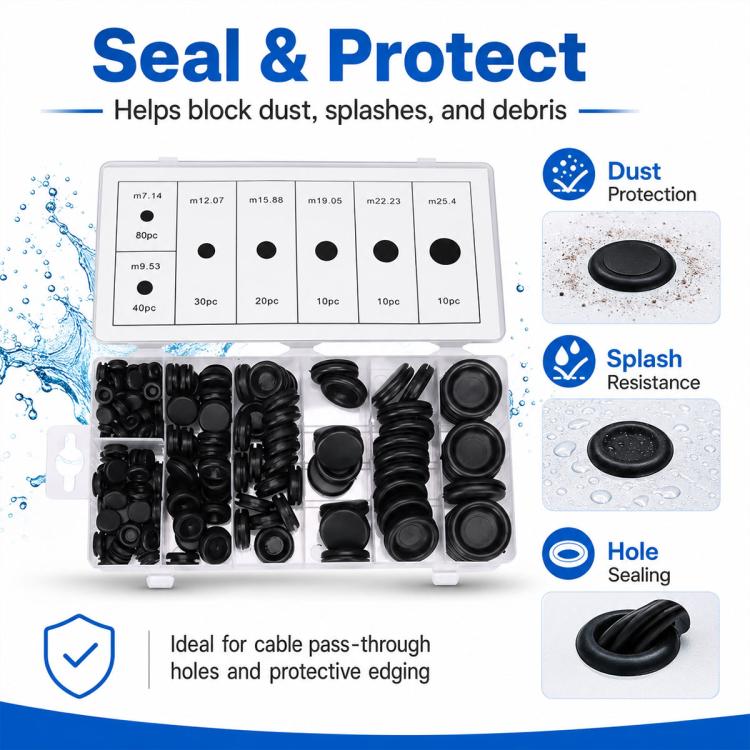 Rubber grommet seal kit in organizer box with black rings and grommets