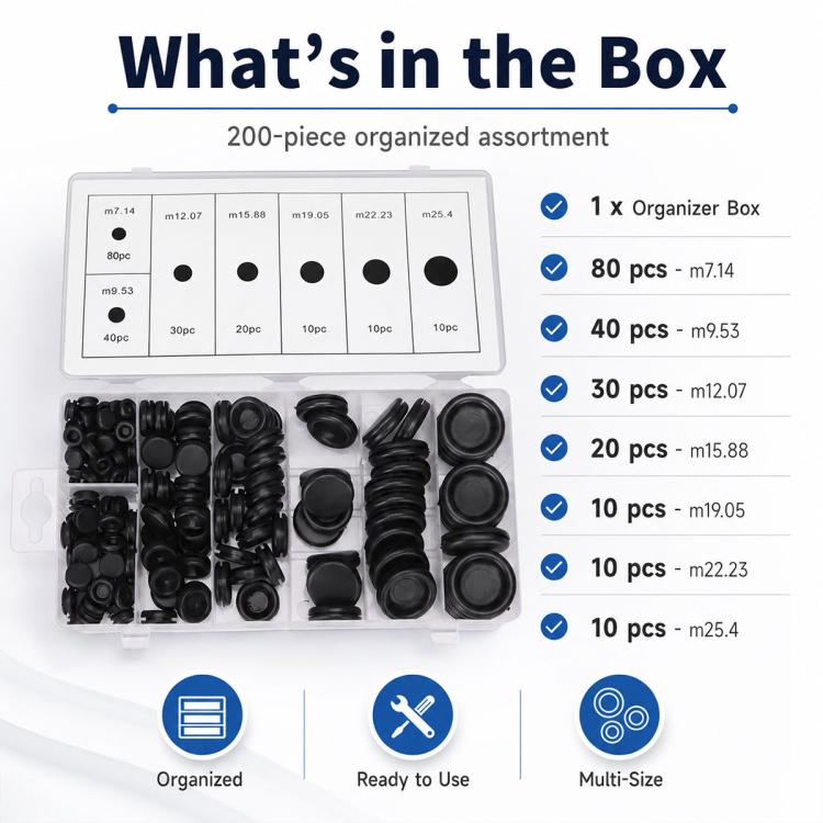 Rubber grommet assortment box with divided compartments of black seals