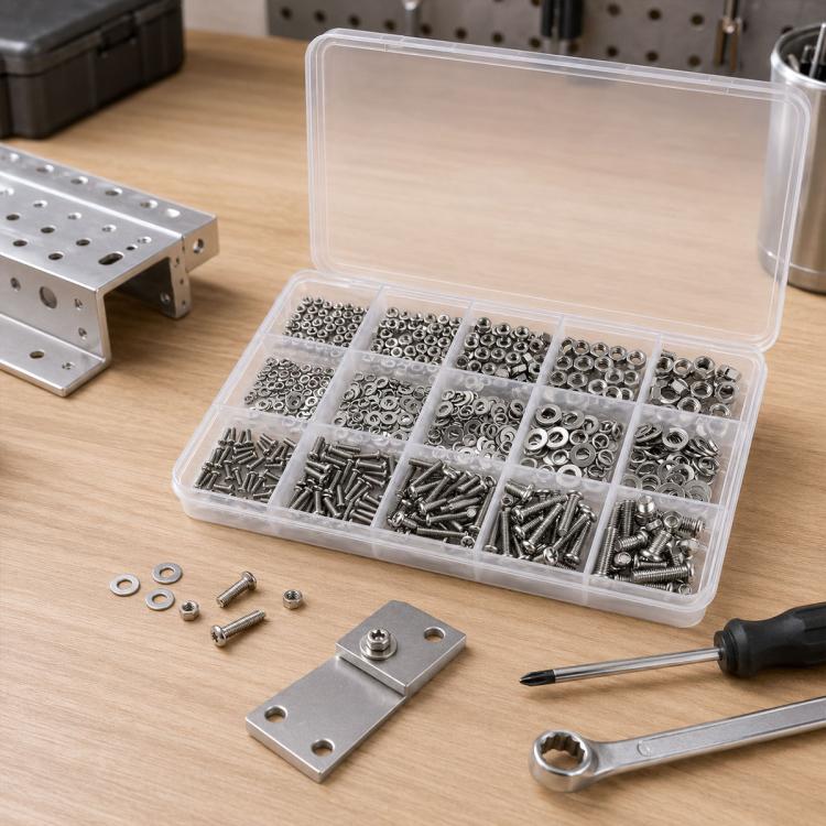Hex nut, bolt, washer fastener set in clear divided storage box with loose pieces