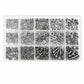 Assorted hex nuts and screws with flat and spring washers in clear organizer tray