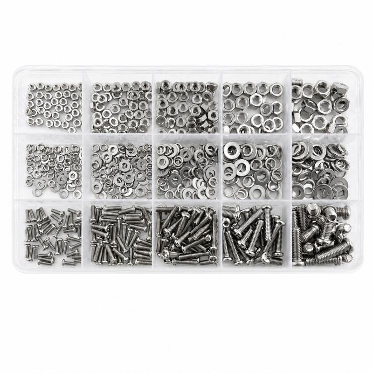 Assorted hex nuts and screws with flat and spring washers in clear organizer tray