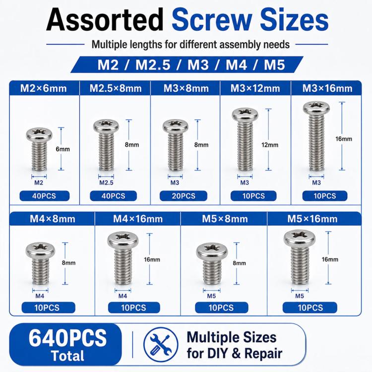 Hex head nuts and bolts set, assorted sizes M2 to M5 with lengths shown
