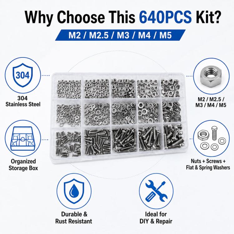Stainless hex nuts and bolts kit in clear organizer box with washers and screws