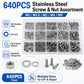 640-piece stainless hex nut, screw, and washer assortment in labeled storage box