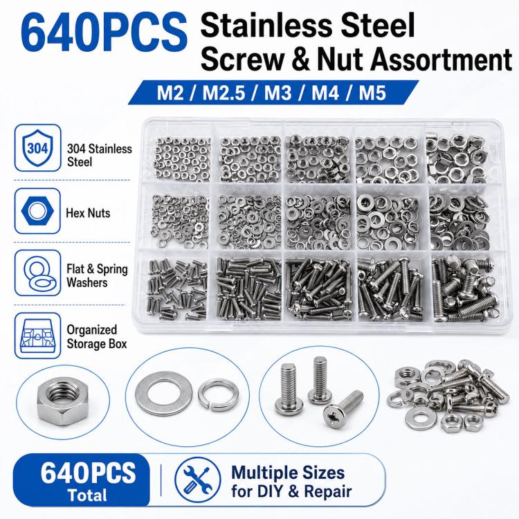 640-piece stainless hex nut, screw, and washer assortment in labeled storage box