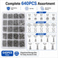 Complete 640-piece fastening kit with hex nuts, washers, and screws shown in box