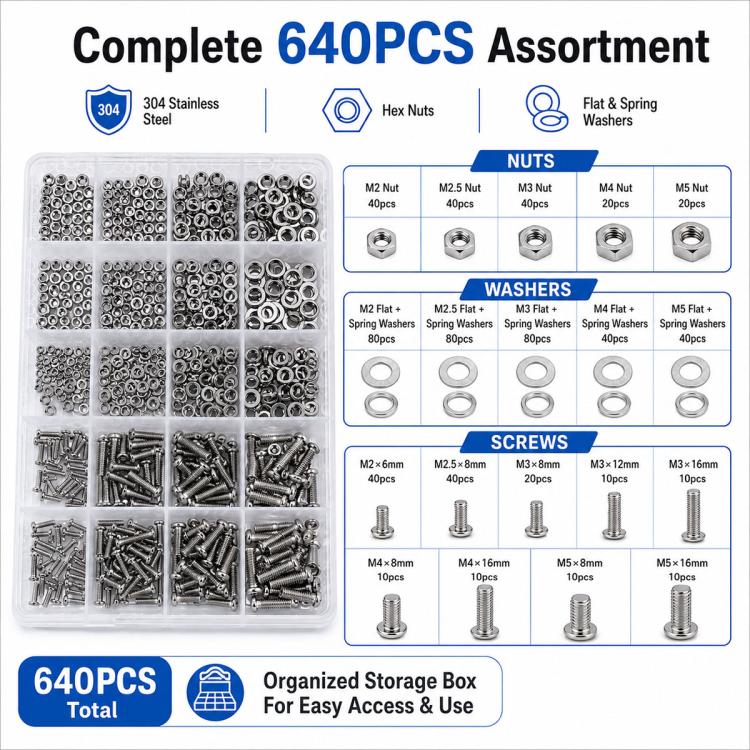 Complete 640-piece fastening kit with hex nuts, washers, and screws shown in box