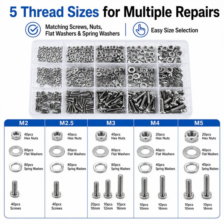Stainless fastener assortment box with multiple screw and nut sizes and washers