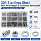 Stainless steel hex nuts, screws, and washers assortment with size-organized compartments